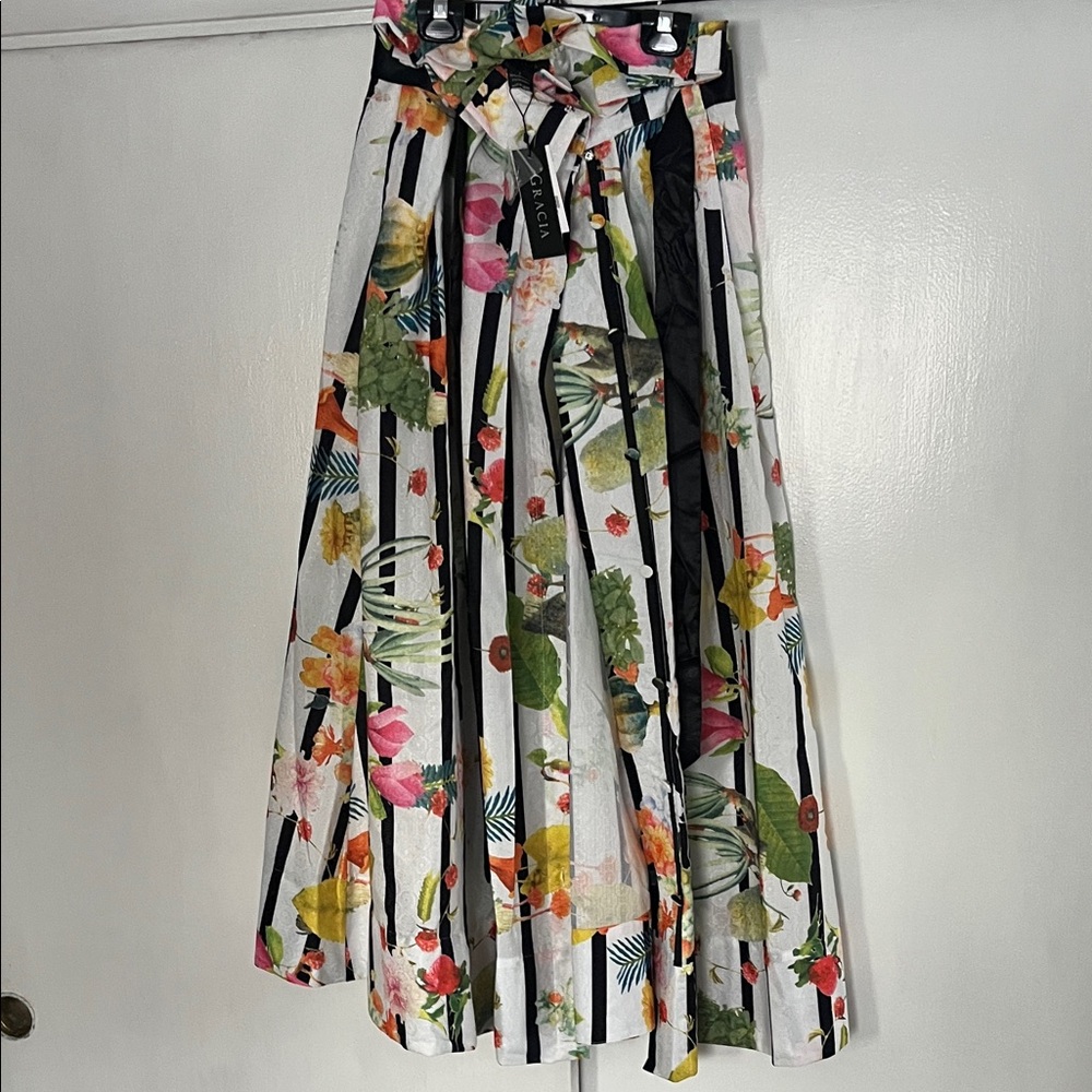 Gracia Floral A-Line Skirt with Black Stripes